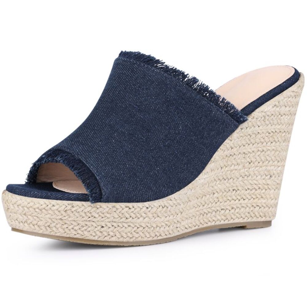 Espadrilles Wedge Open Toe Denim Wedge Slip on Slide Mules Sandals Navy Blue